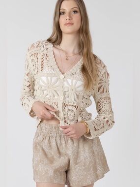 NWT COMMENSE Boho Festival Crochet Cardigan Cream Open Knit Top S